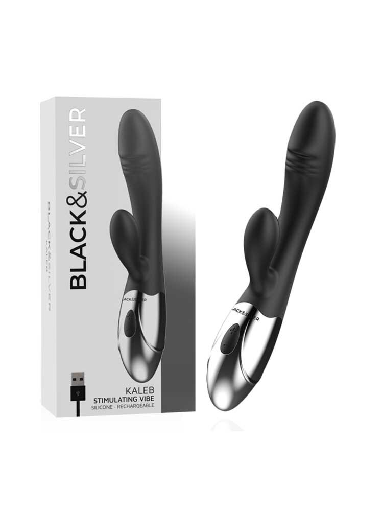 20.0cm Kaleb Silicone Rabbit Vibrator Black & Silver DreamLove