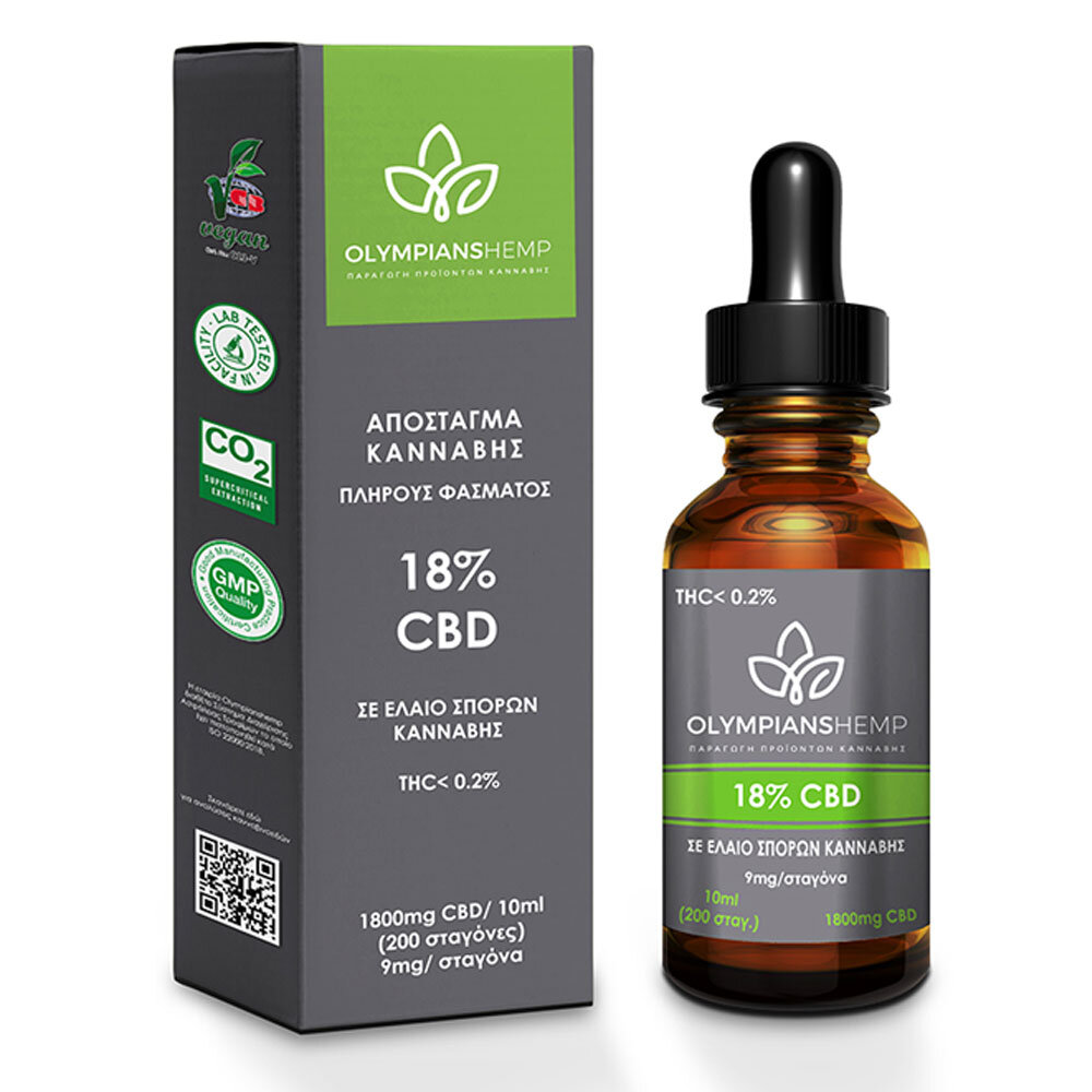CBD 18%Απόσταγμα κανναβιδιόλης ευρέως φάσματος (1800mg CBD ) 10ml Olympians Hemp
