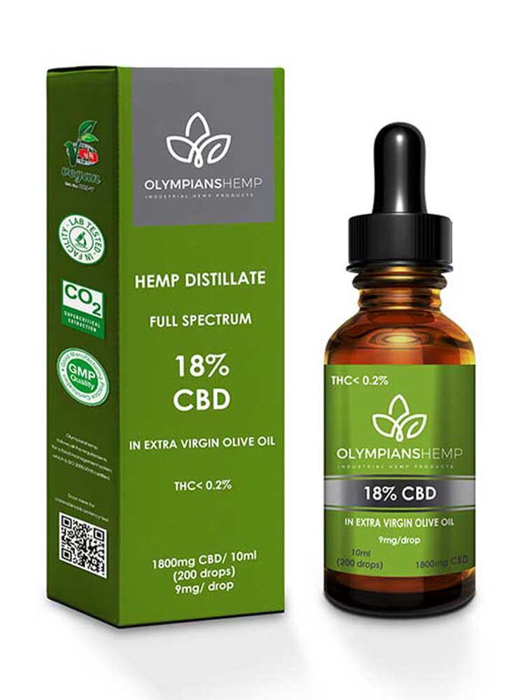 Απόσταγμα Κανναβιδιόλης 18% πλήρους φάσματος (1800mg - 200 σταγόνες) 10ml Olympians Hemp
