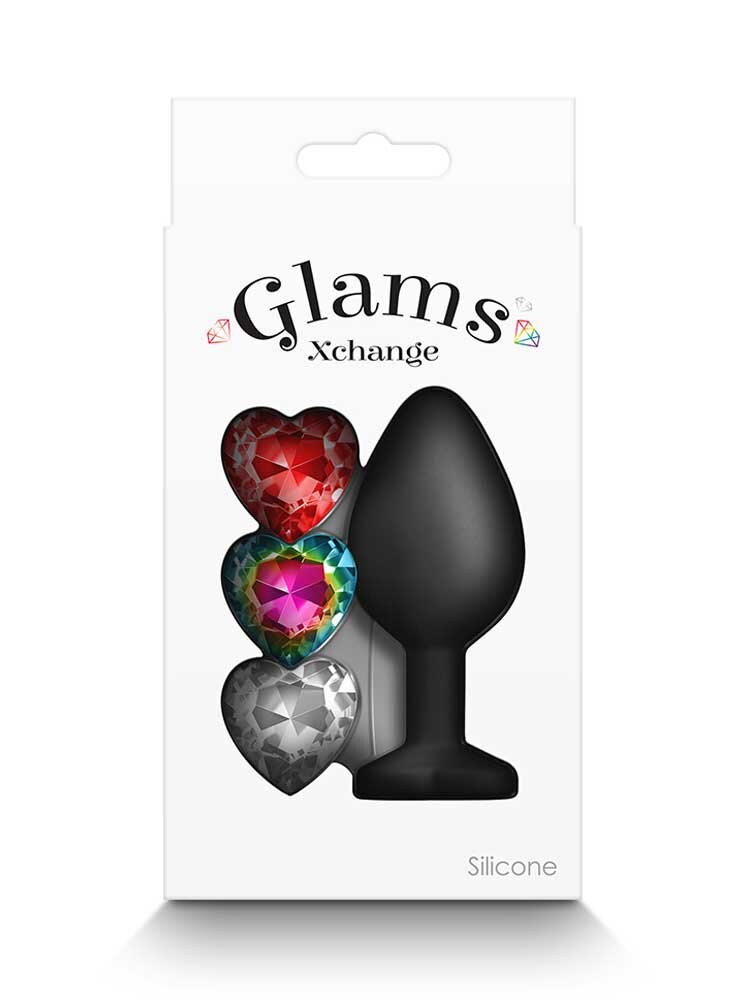 Glams Xchange Black Silicone Butt Plug Medium with 3 Heart Gems NS Novelties