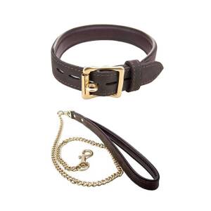 Nubuck Slim Leather Collar with Leash Brown by Loving Joy