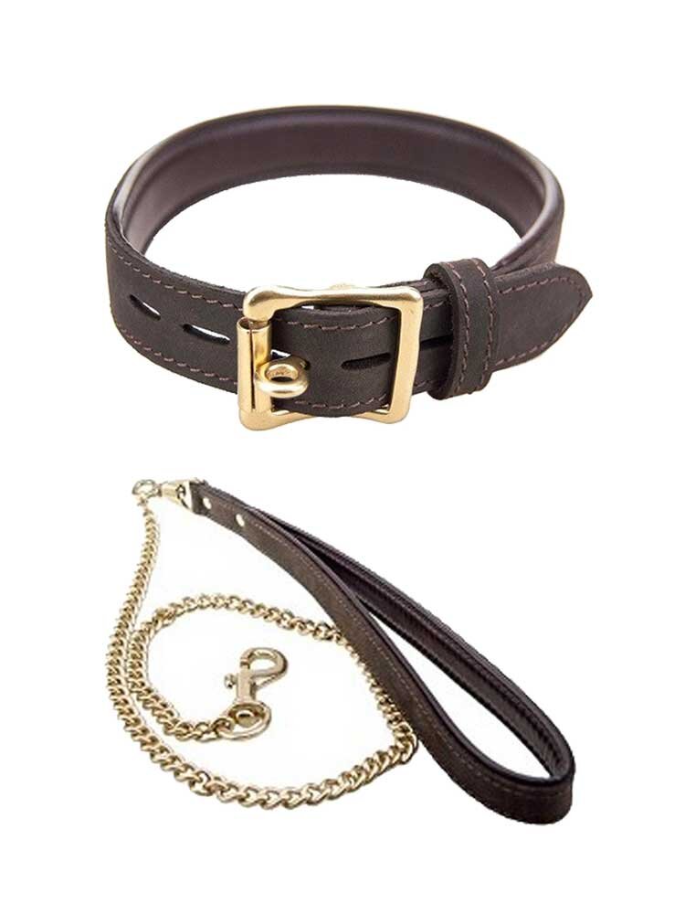 Nubuck Slim Leather Collar with Leash Brown by Loving Joy