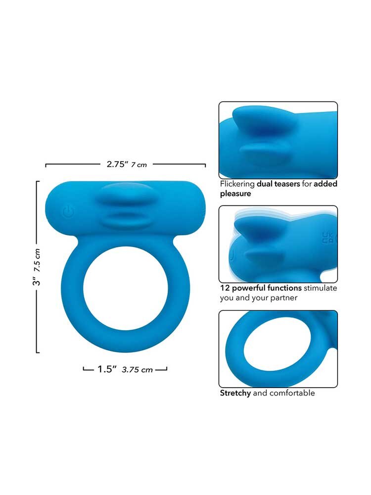 Rechargeable Silicone Double Trouble Couples Cock Ring Blue CalExotics