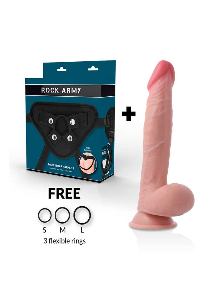 Rock Army 4 Strap Harness with 3 Rings + Rock Army Sherman Dildo 24cm DreamLove