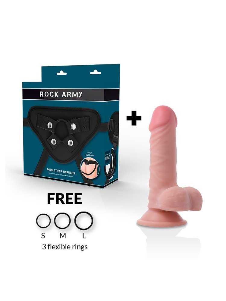 Rock Army 4 Strap Harness with 3 Rings + Rock Army Panzer Dildo 17cm DreamLove