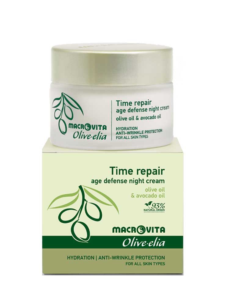 Time Repair Κρέμα Νύκτας ολιστικής αντιγήρανσης με λάδι ελιάς & έλαιο αβοκάντο Olive-elia Macrovita